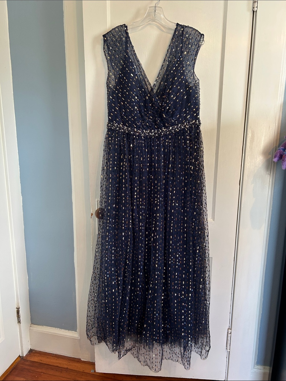Mac Duggal Navy Blue Sequin Beaded Long Formal Dress 16W